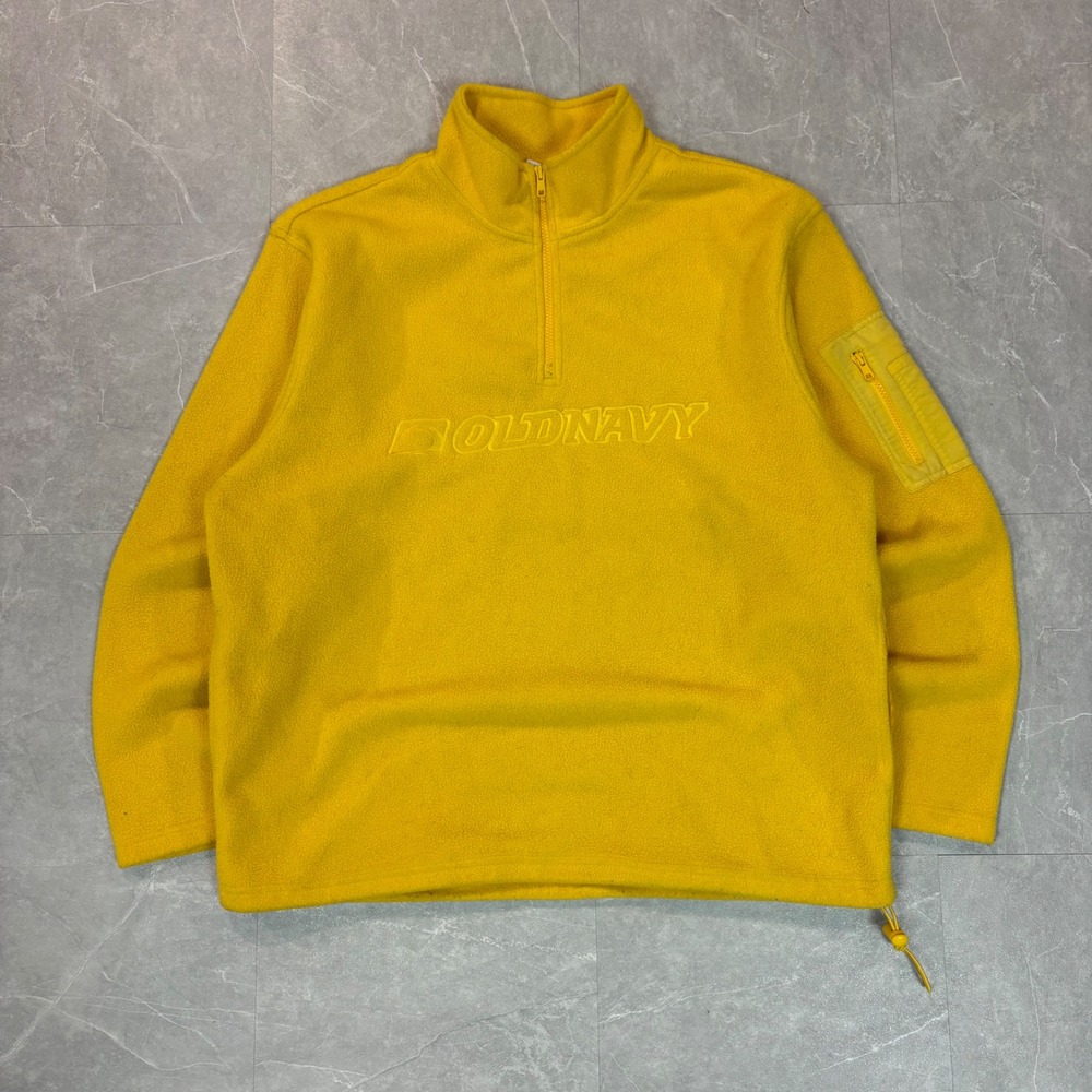 Old Navy Mens Vintage Yellow Quarter Zip Fleece Pullover Logo Sleeve Pocket L